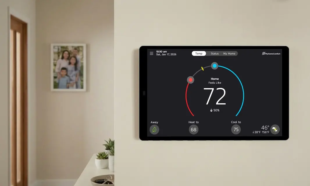 MyHomeComfort brand CA4 Communicating Thermostat mounted on wall